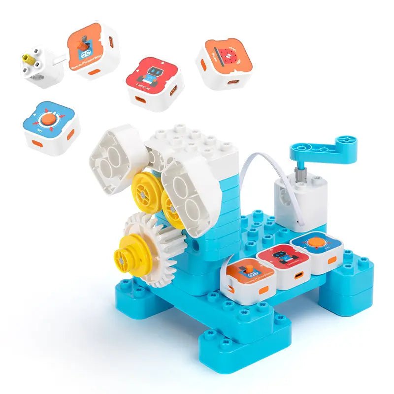 Toy building set with colorful blocks and mechanical components on a white background
