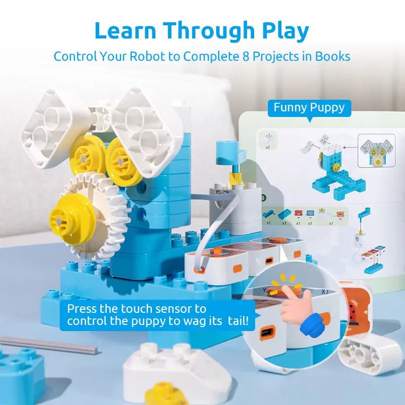Toy robot kit with gears and control panel on a light blue surface, featuring text about learning through play.