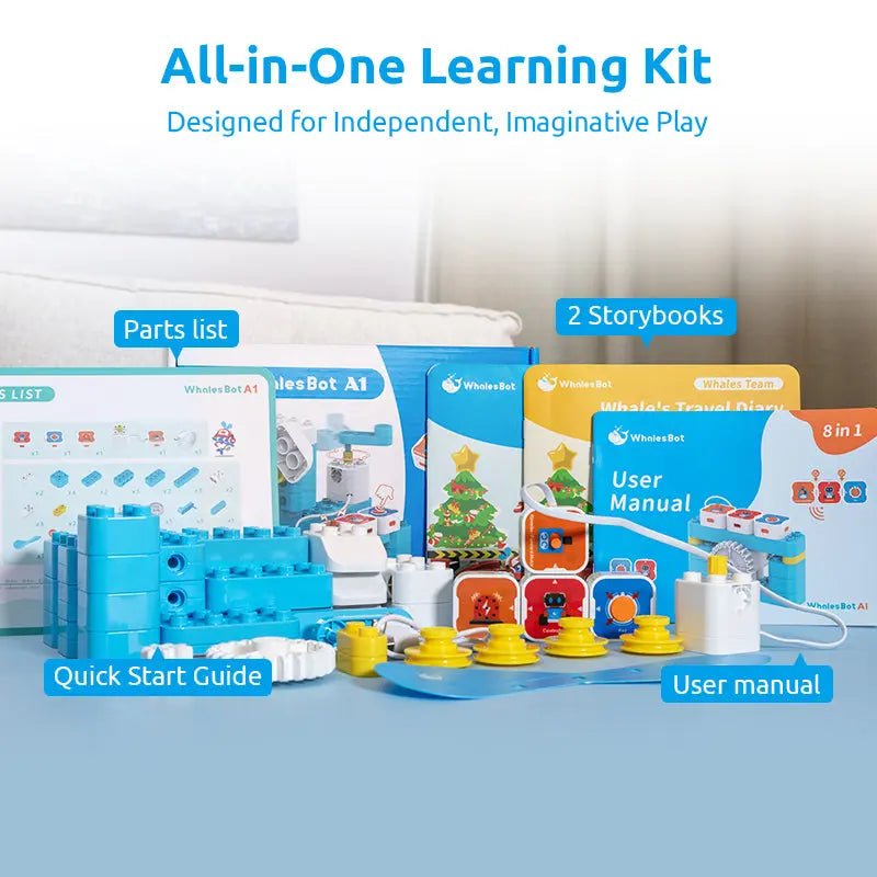 All-in-One Learning Kit with educational materials on a light blue background