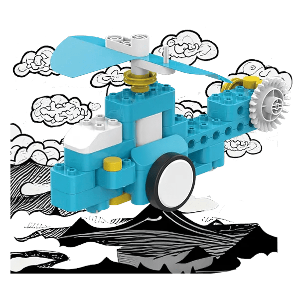 Toy boat made of interlocking bricks with a blue hull and white propeller against a stylized ocean background.