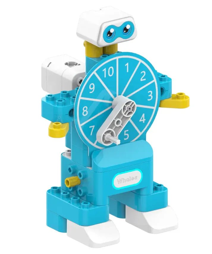 Toy robot with a clock face on a white background