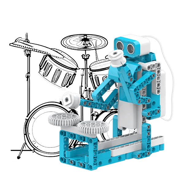 Toy drum set made of interlocking bricks with a blue and white robot figure in front on a white background.