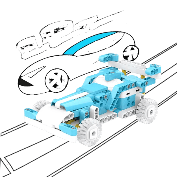 Toy car made of interlocking bricks on a white background with a black and white line drawing of a car.