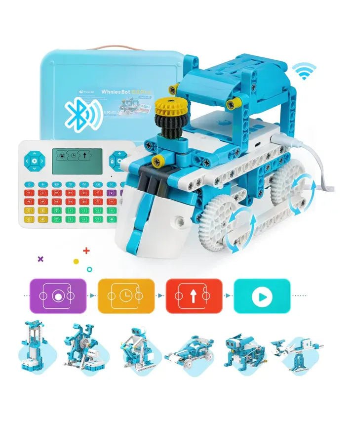 Toy robot building set with control panel and programming elements on a white background