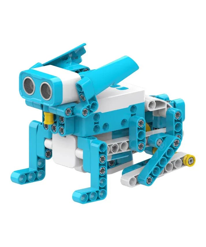 Blue and white robot model made of interlocking bricks on a white background