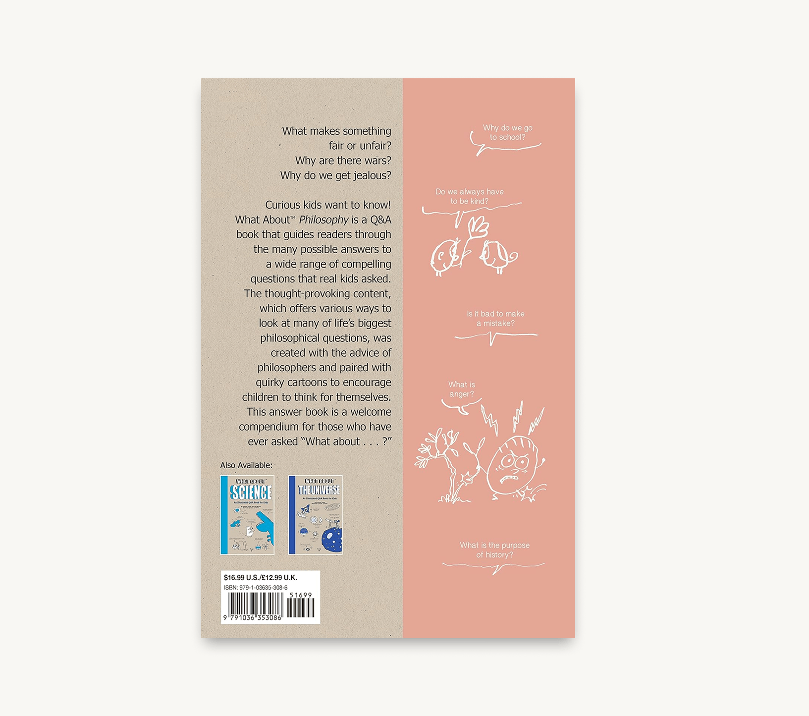 Back cover of a book with text and minimal illustrations on a two-tone background