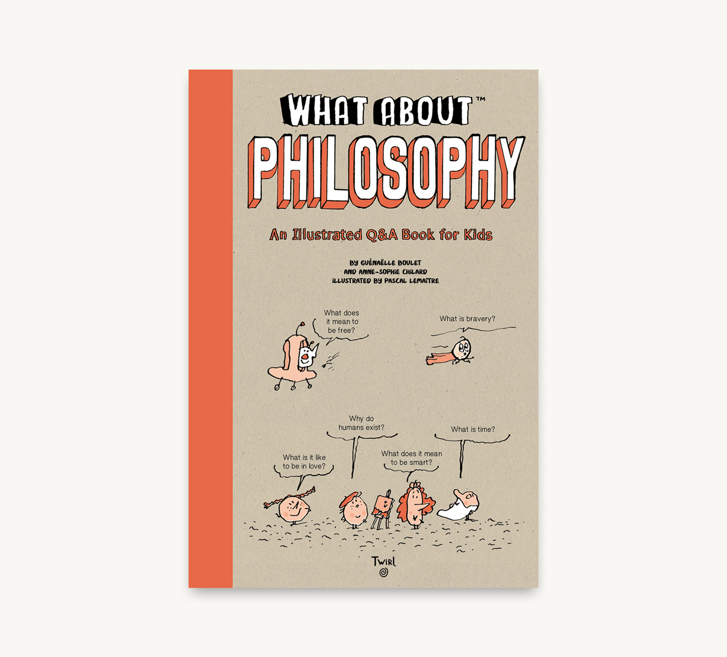 Book cover of 'What About Philosophy' with cartoon illustrations on a beige background
