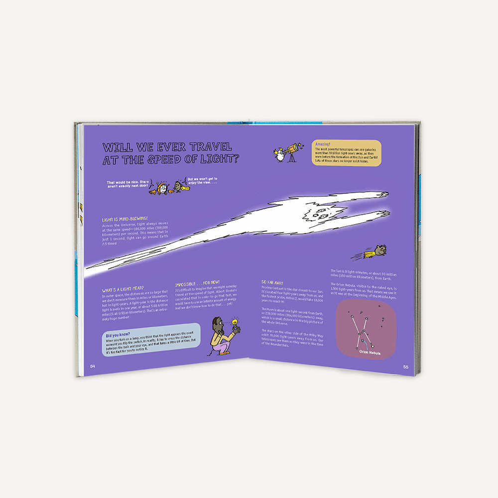 Open book with a purple page featuring text and illustrations on a white background