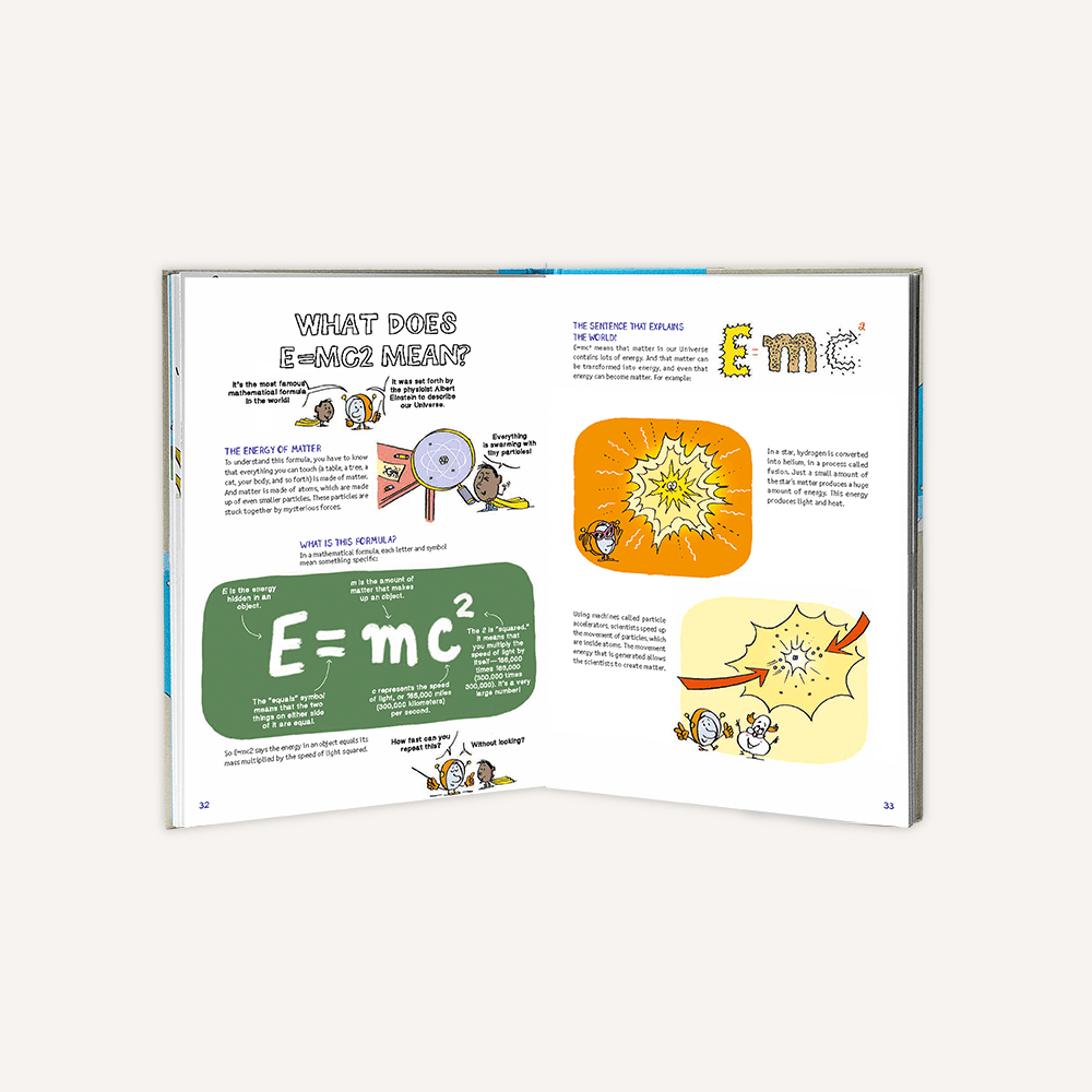 Educational book open to a page explaining the concept of E=mc² with illustrations.