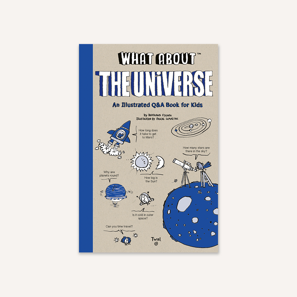 Book titled 'What About the Universe' with illustrations on a beige and blue cover