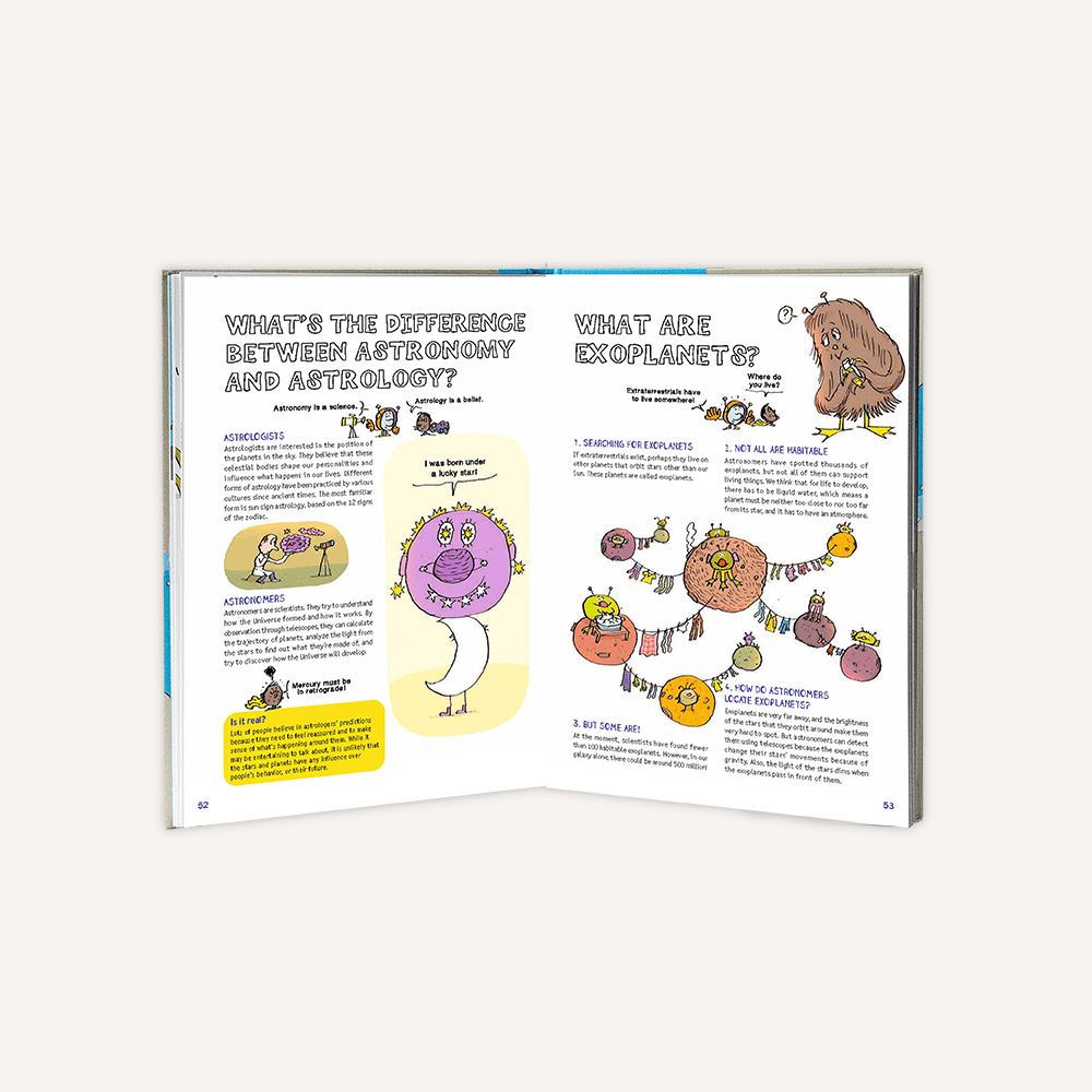 Educational book open to a page about astronomy and exoplanets with cartoon illustrations.