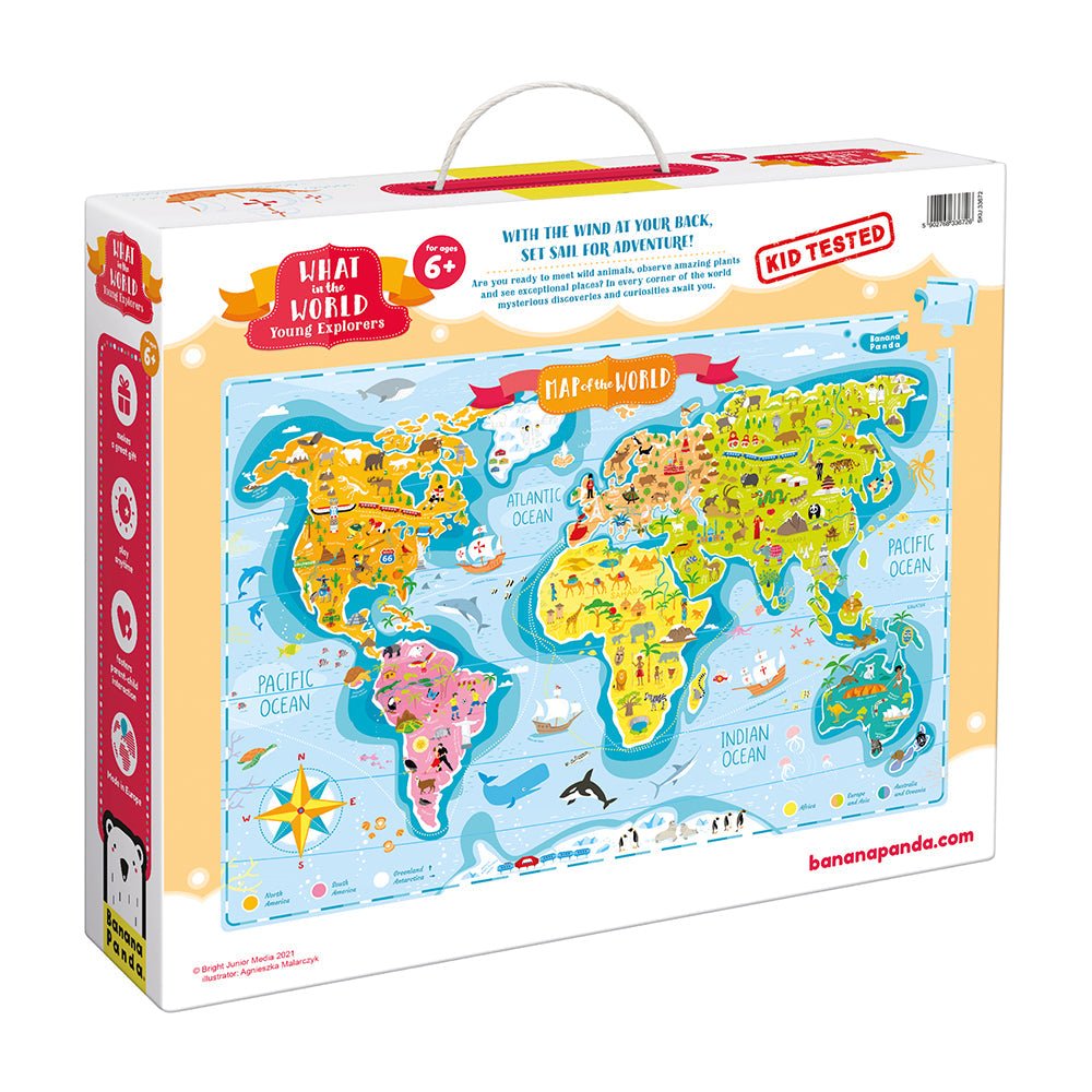 World map puzzle packaging with colorful world map illustration on a white background