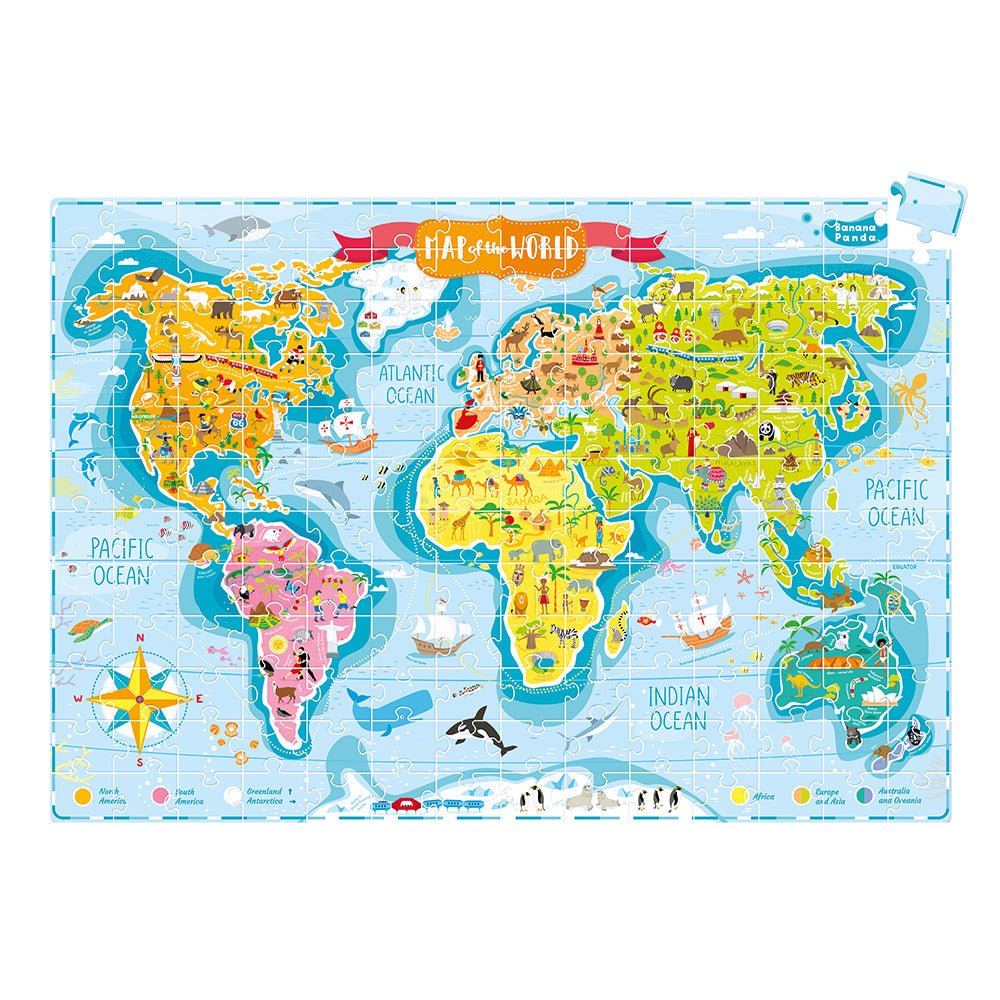 Colorful world map with illustrations on a white background