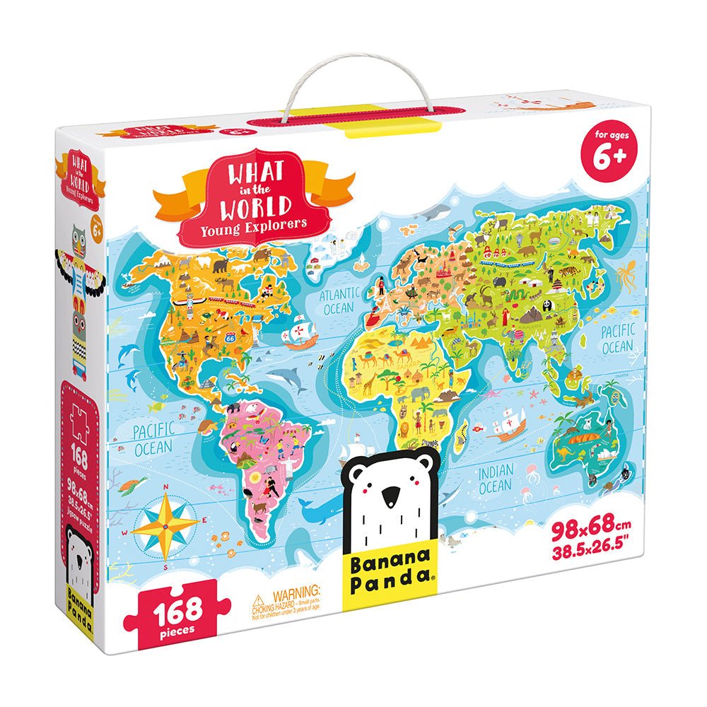 World map puzzle packaging with colorful design and 'Banana Panda' branding.