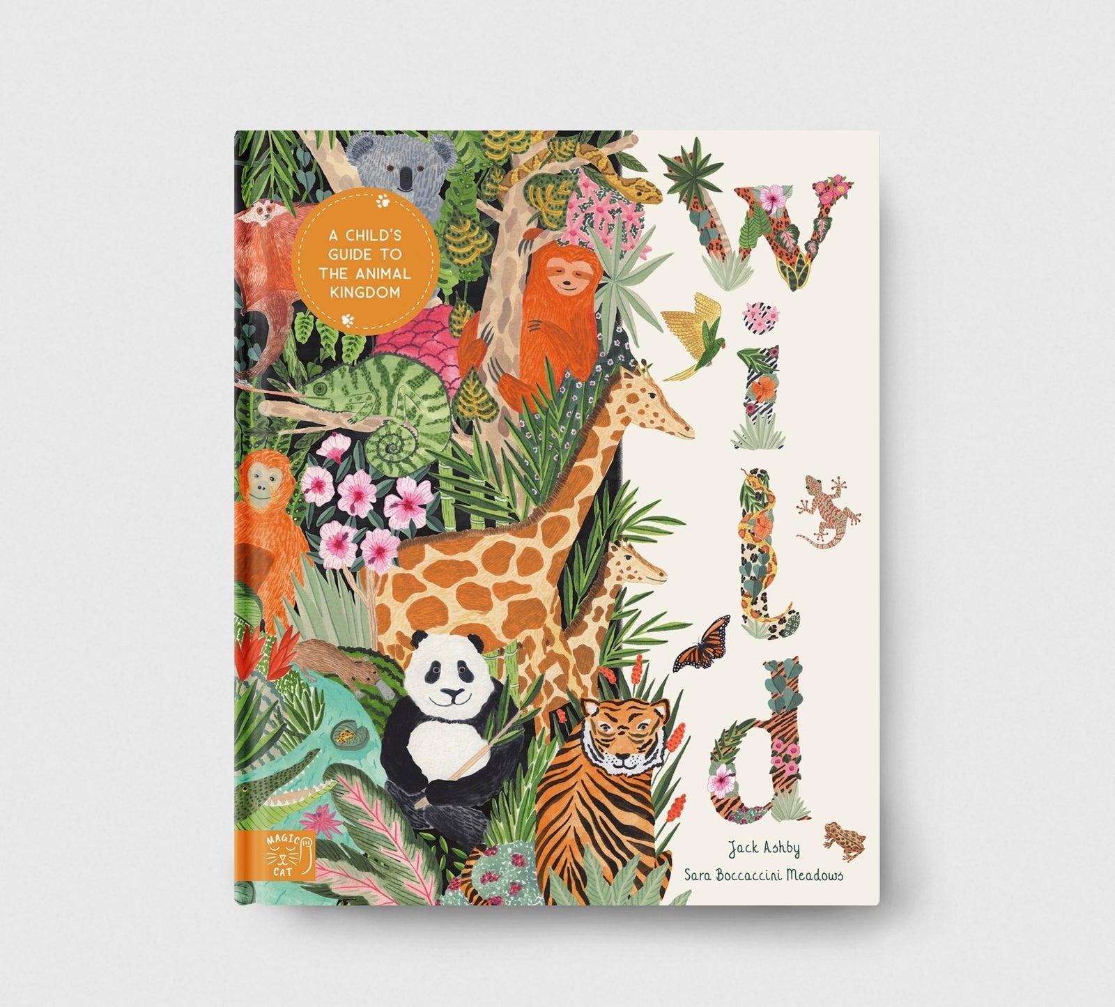 Book cover with colorful illustrations of animals and plants on a white background