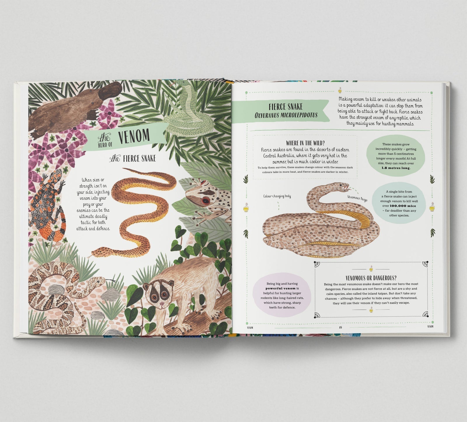 Open book showing pages about venomous creatures with illustrations and text.