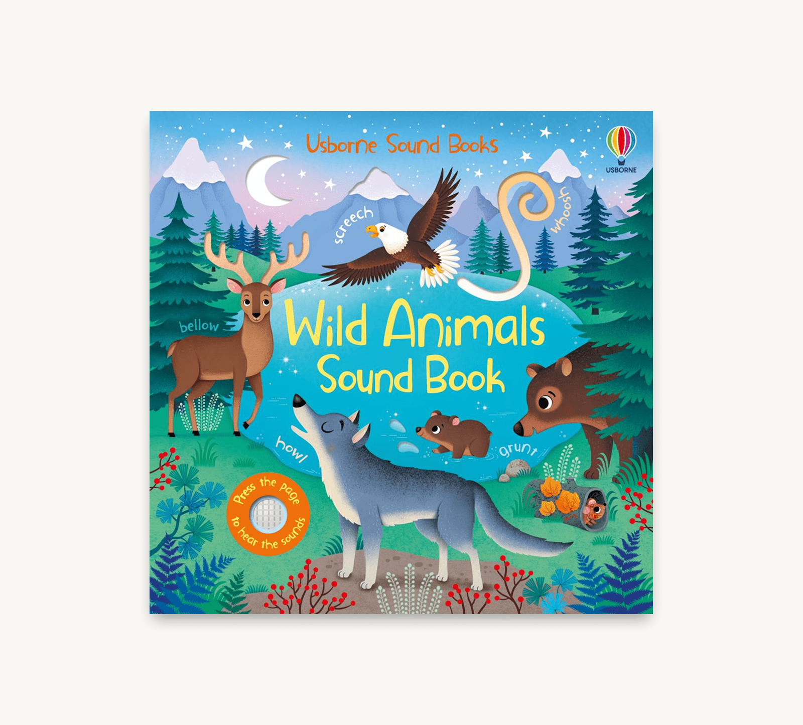 Children's book titled 'Wild Animals Sound Book' with illustrations of animals on a blue background.