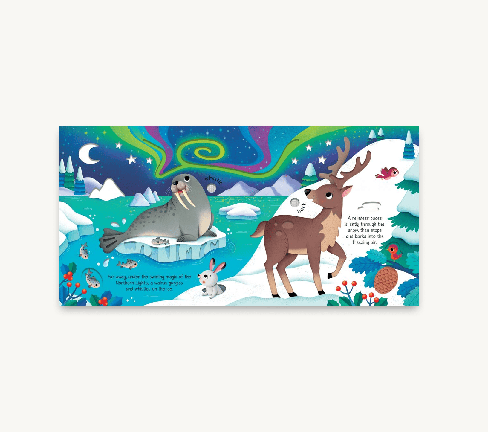 Children's book with illustrations of a walrus, reindeer, and other animals in a snowy landscape.