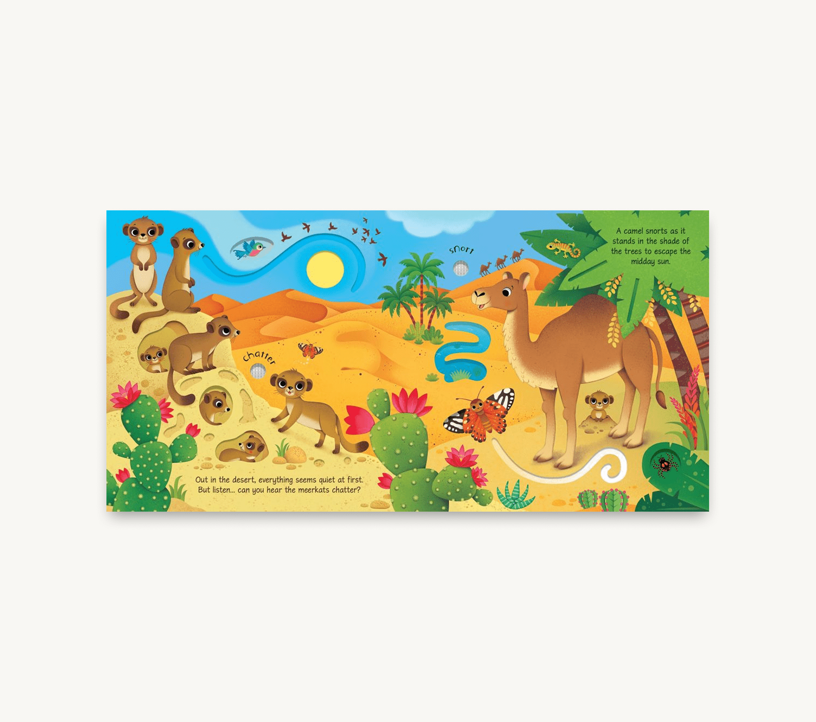Colorful desert scene with animals and plants on a white background