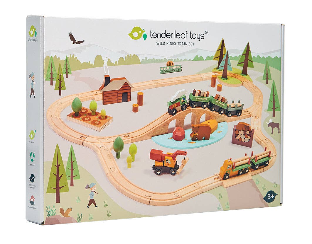 Tender Leaf Toys Wild Pines Train Set packaging with train tracks and wooden cars on a forest background.