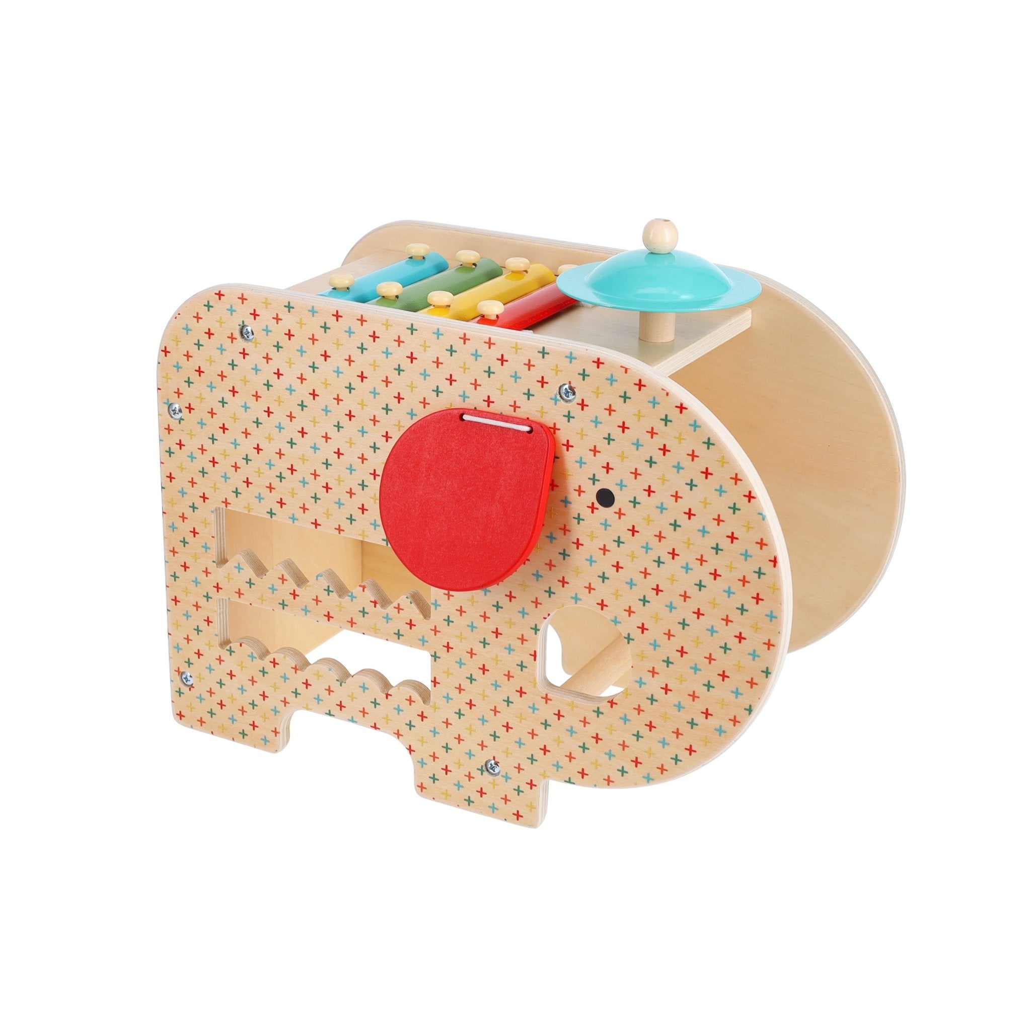 Wooden toy elephant with colorful patterns and musical elements on a white background