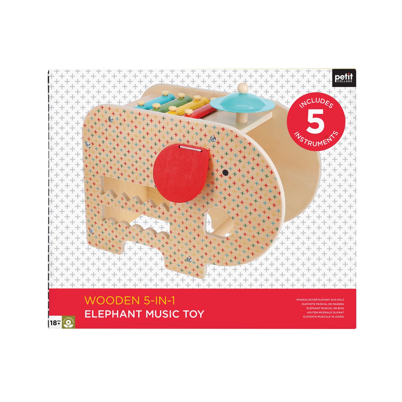 Wooden 5-in-1 Elephant Music Toy packaging with colorful design and text on a white background