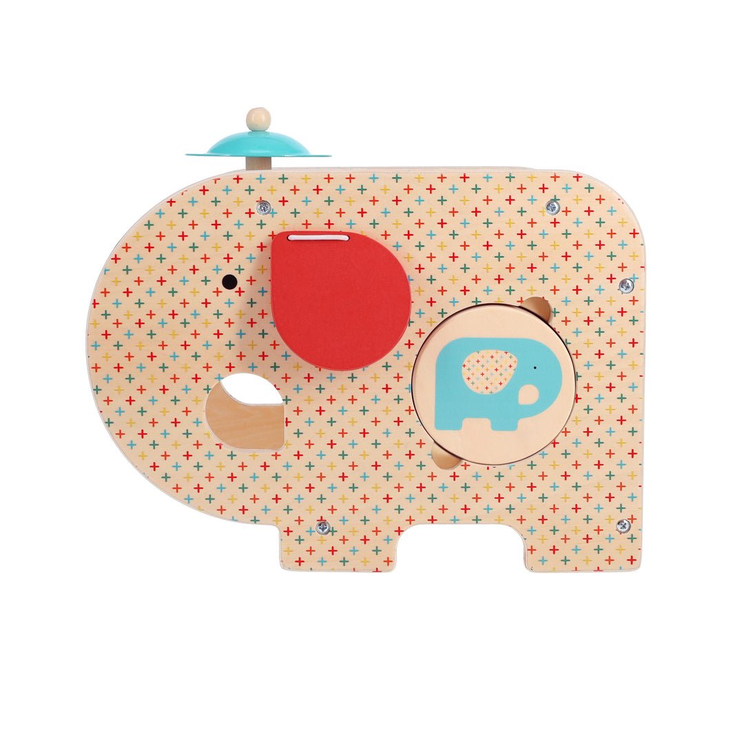 Wooden elephant-shaped toy with colorful pattern on a white background