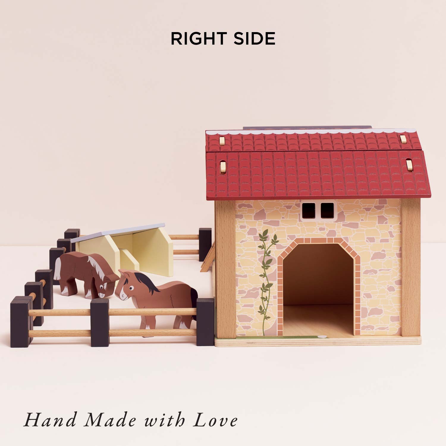 Model of a stable with horses on a beige background, labeled 'Right Side'.