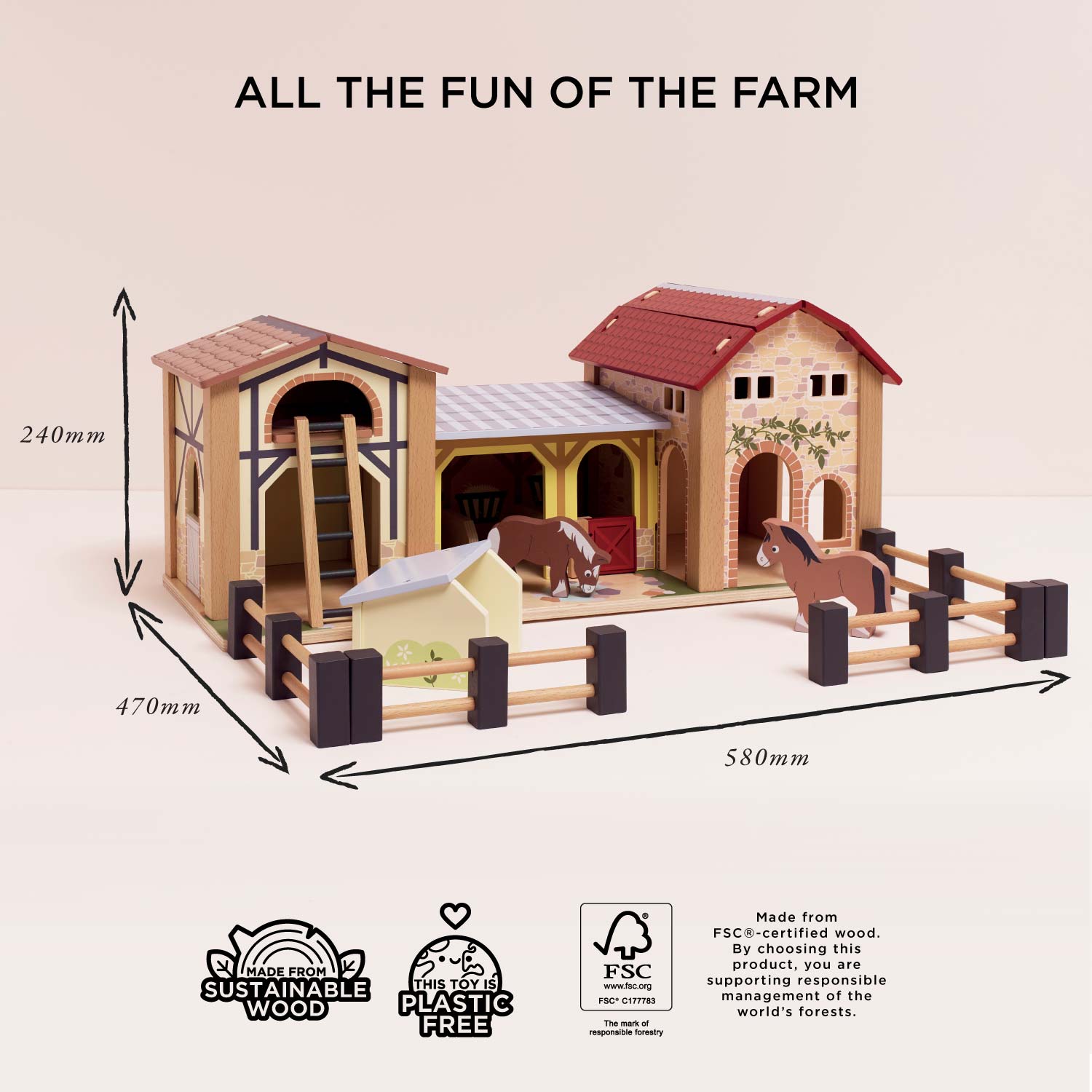 Wooden farm toy set with measurement details and sustainability logos on a beige background