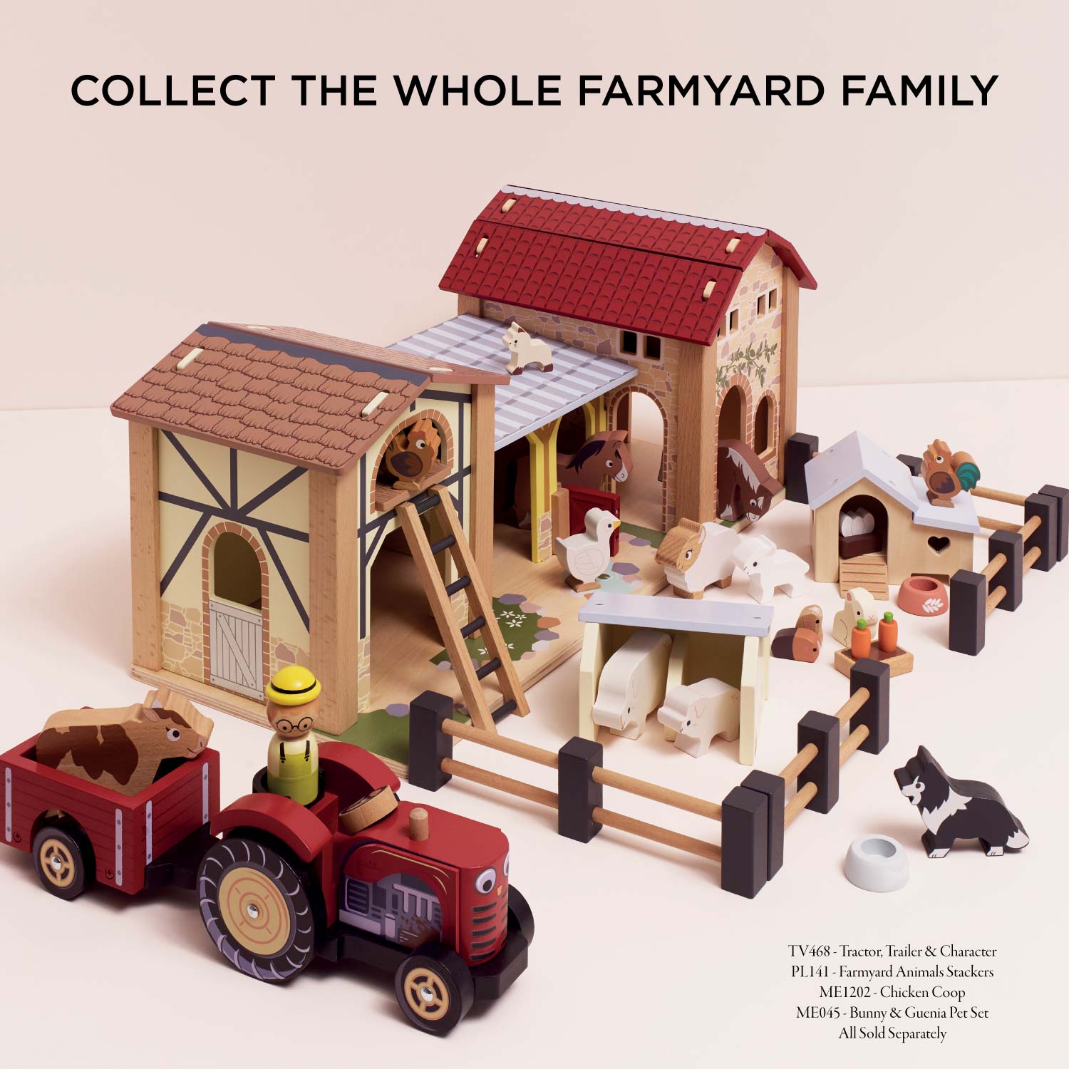 Toy farm set with buildings, animals, and a tractor on a beige background.