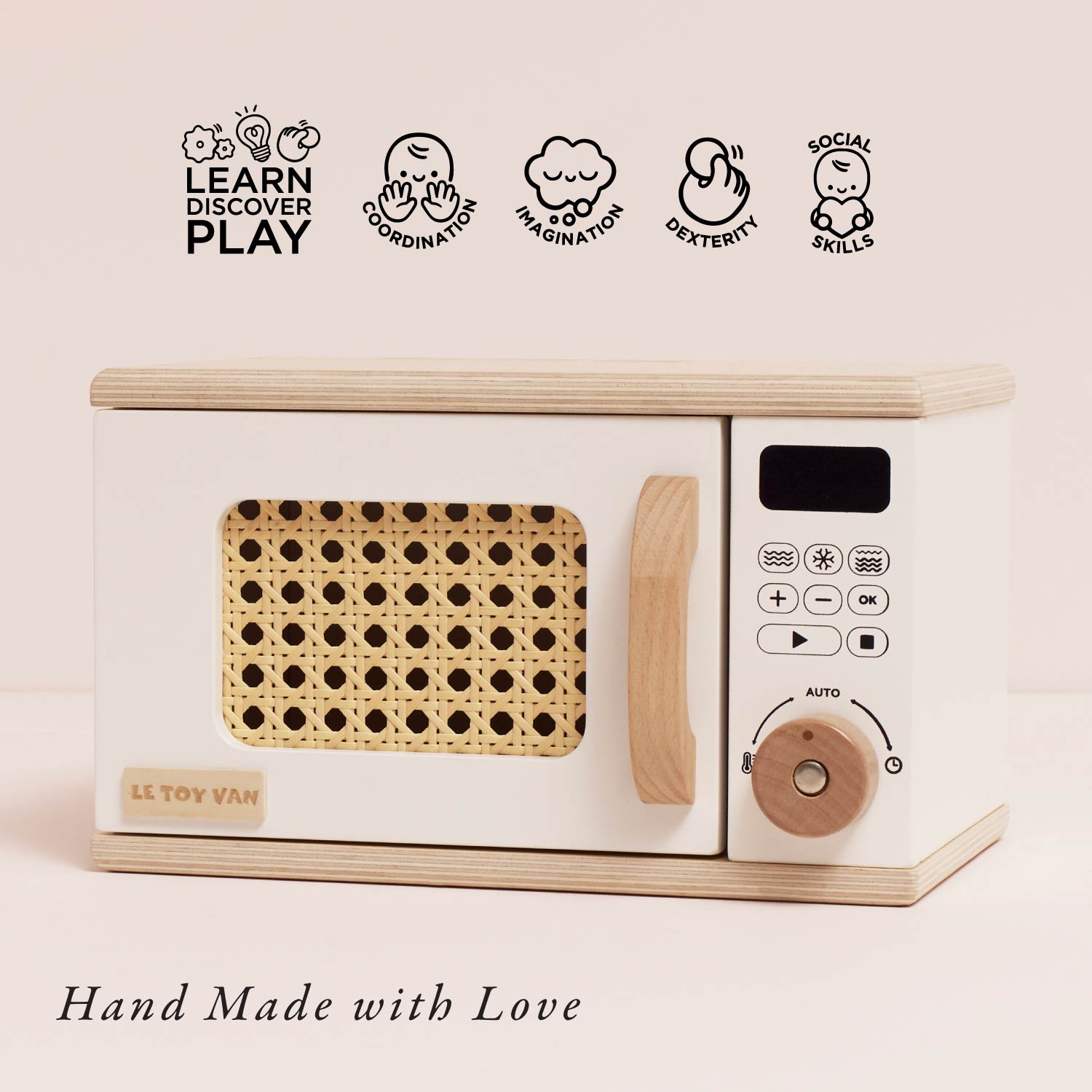 Wooden toy microwave with educational icons and 'LL Toy Van' branding on a beige background.