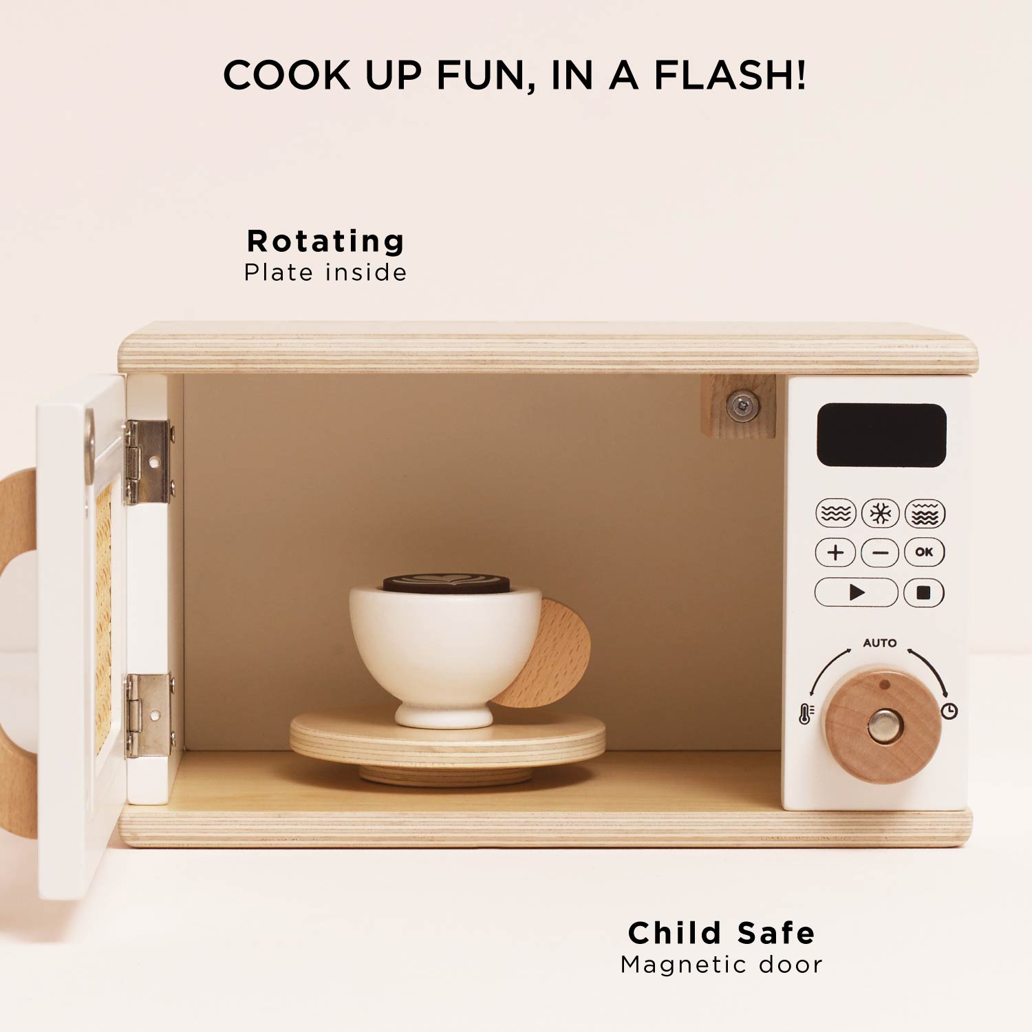 Small wooden microwave oven with a rotating plate inside, child safe features highlighted.