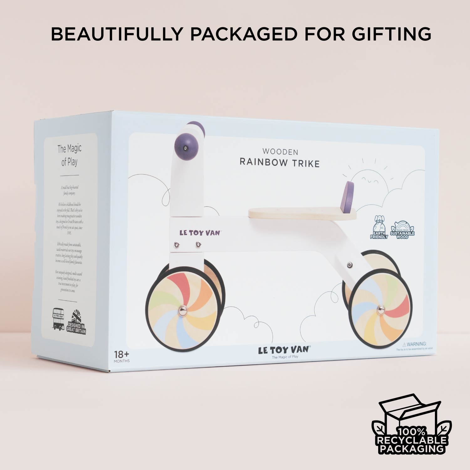Le Toy Van wooden rainbow trike packaging with recyclable packaging label