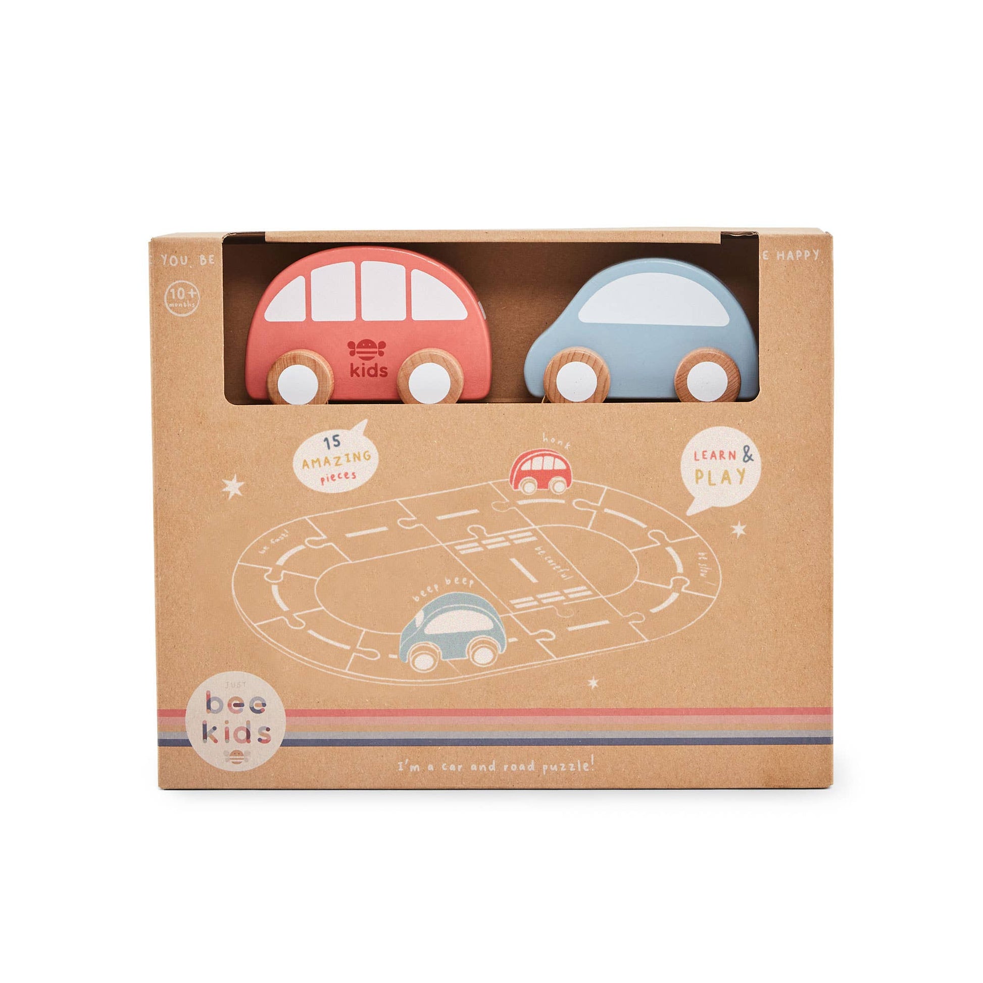 Boxed toy car set with two cars and a track illustration on a white background
