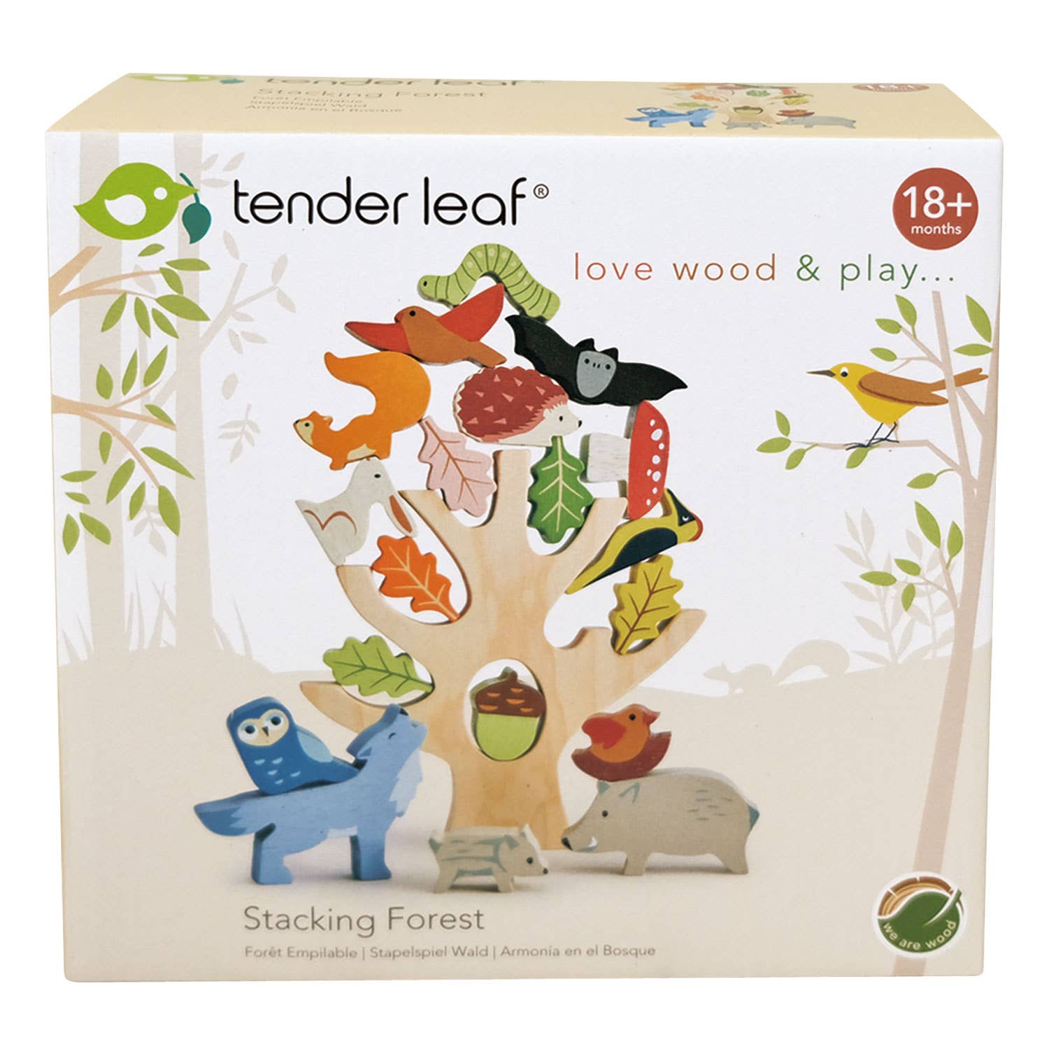 Tender Leaf Stacking Forest toy set packaging with wooden animals and leaves.