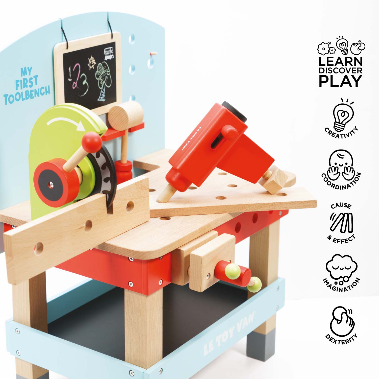 Children's toy workbench with tools on a white background, featuring the 'Learn Discover Play' brand.