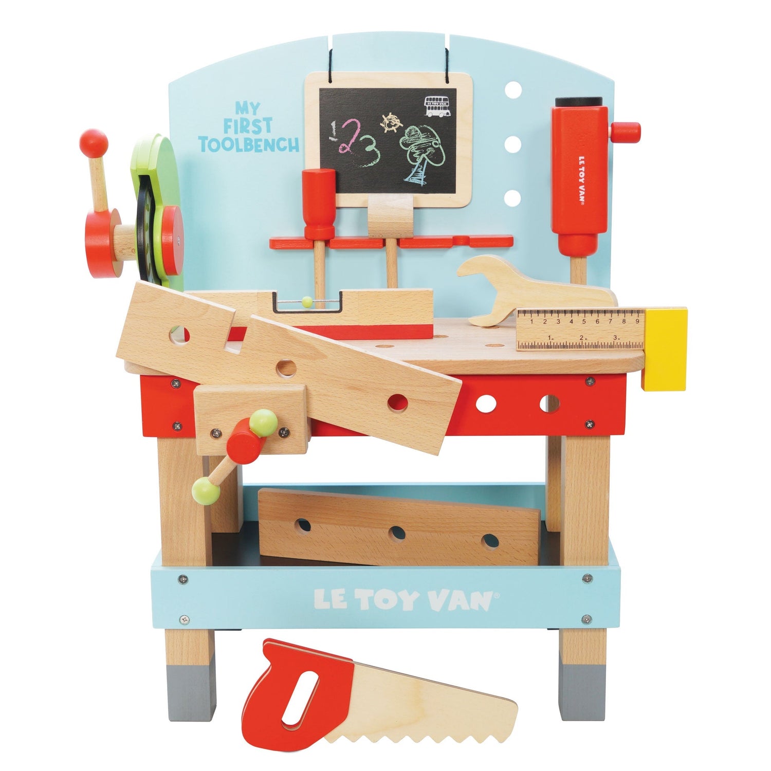 Toy workbench with tools and a chalkboard, branded 'Le Toy Van', on a white background