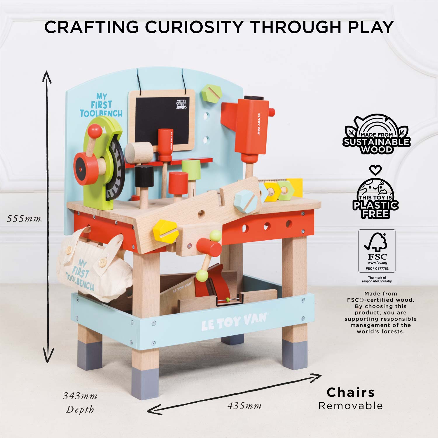 Children's toy workbench with tools and measurements, featuring 'My First Toolbench' branding.