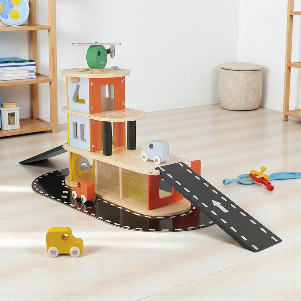 Wooden Toy Garage with 4 Vehicles – Janod - Haliburtons & Co.