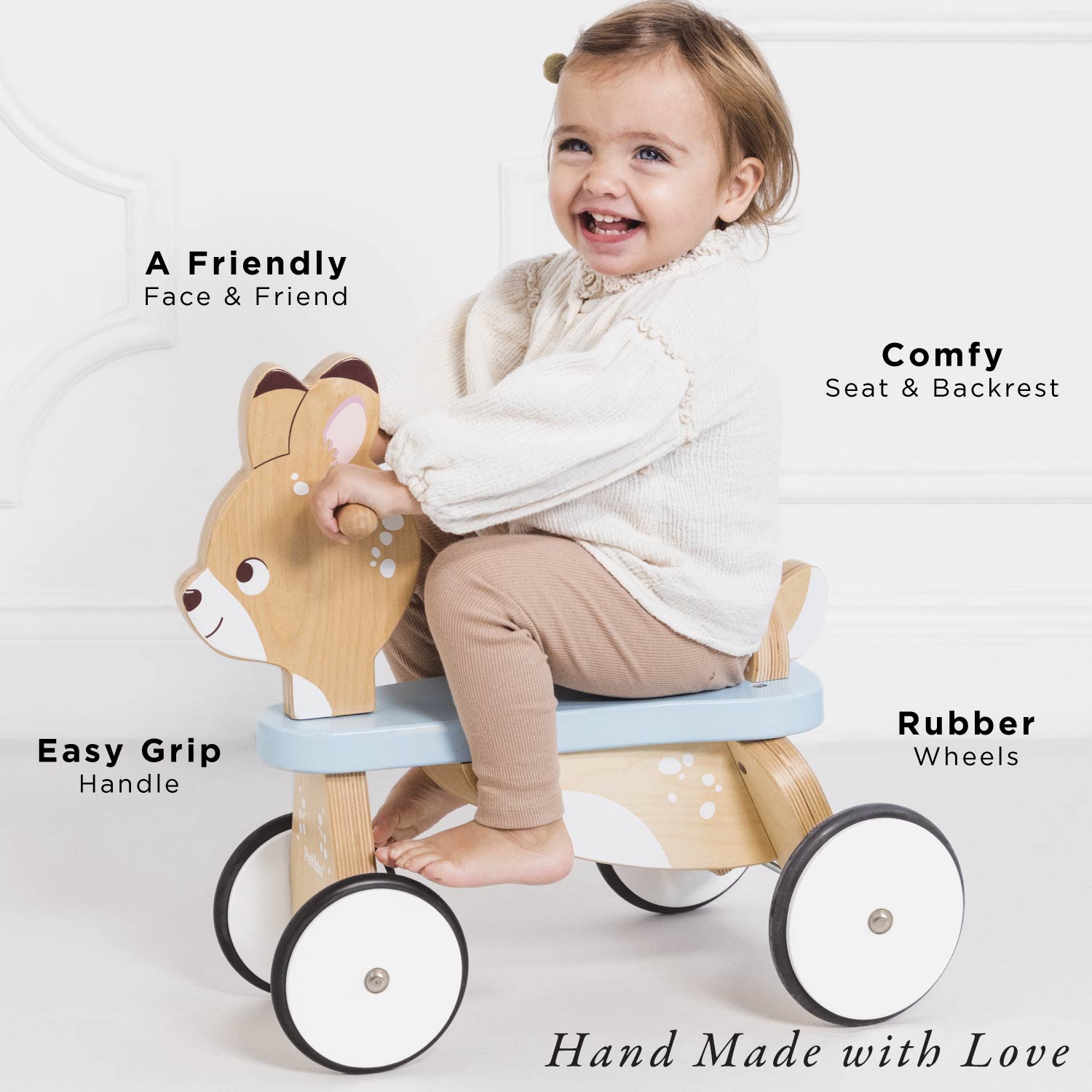 Child sitting on a wooden toy horse with text highlighting features