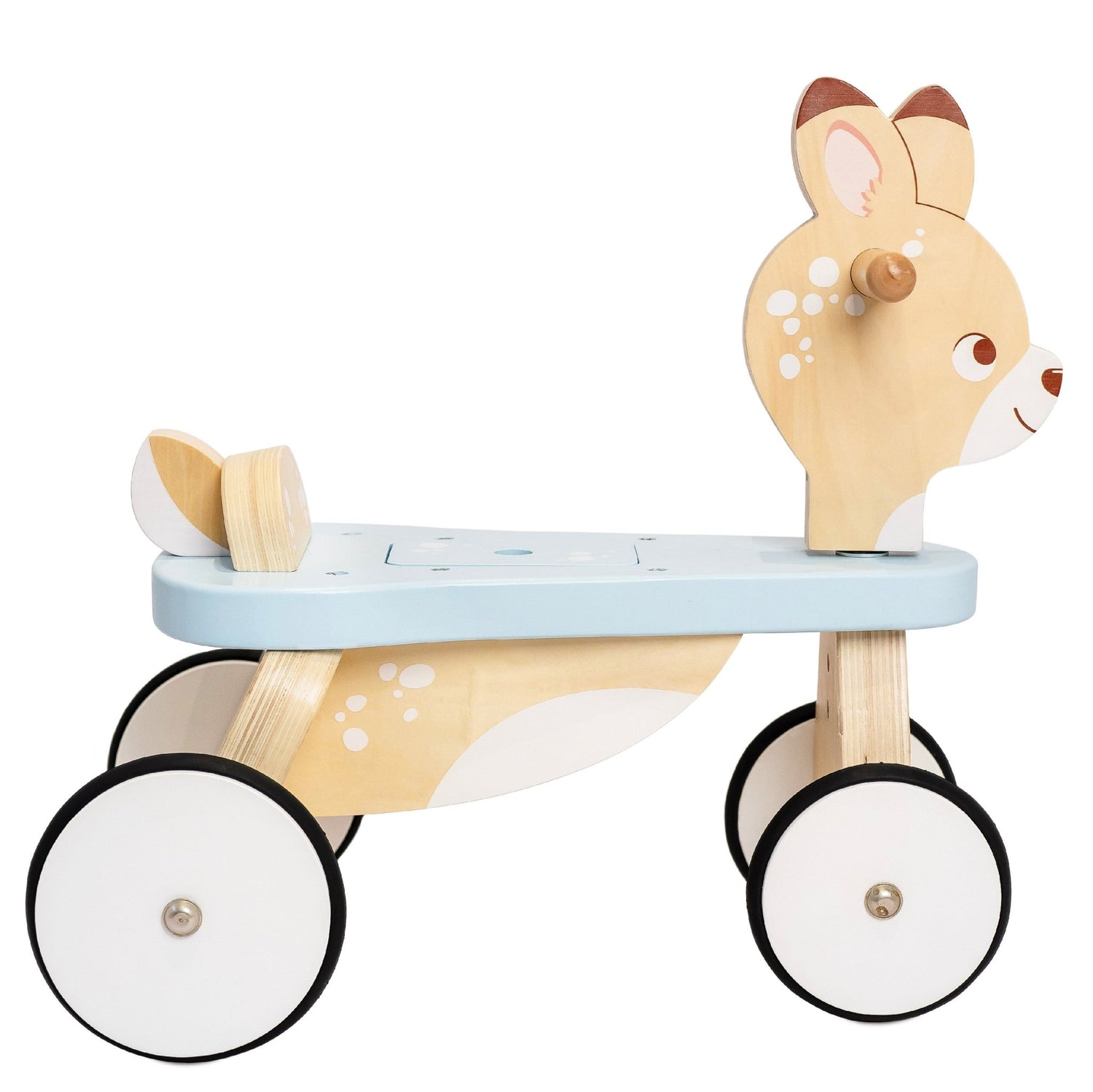 Wooden toy scooter with deer design on a white background