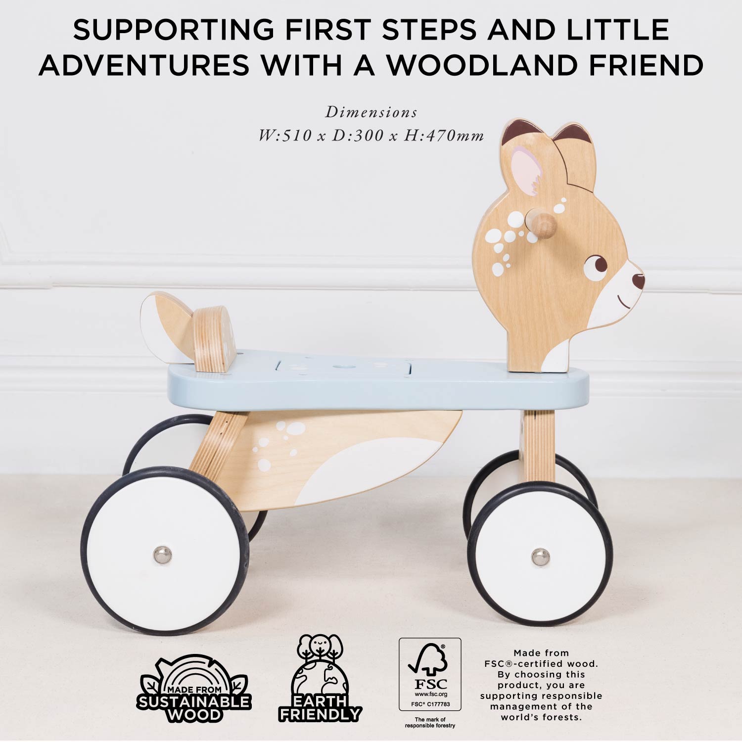 Wooden toy with animal design and wheels on a light background, featuring text about supporting first steps and adventures.