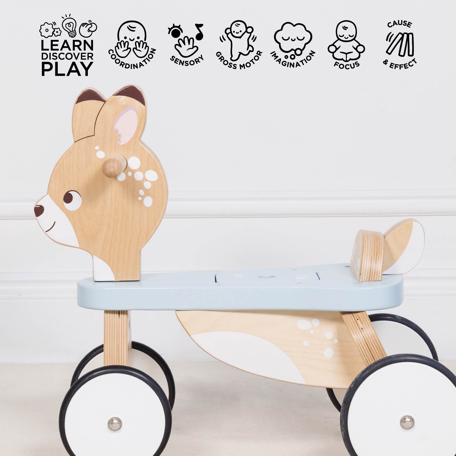 Wooden toy with animal design on a white background, featuring educational icons above.