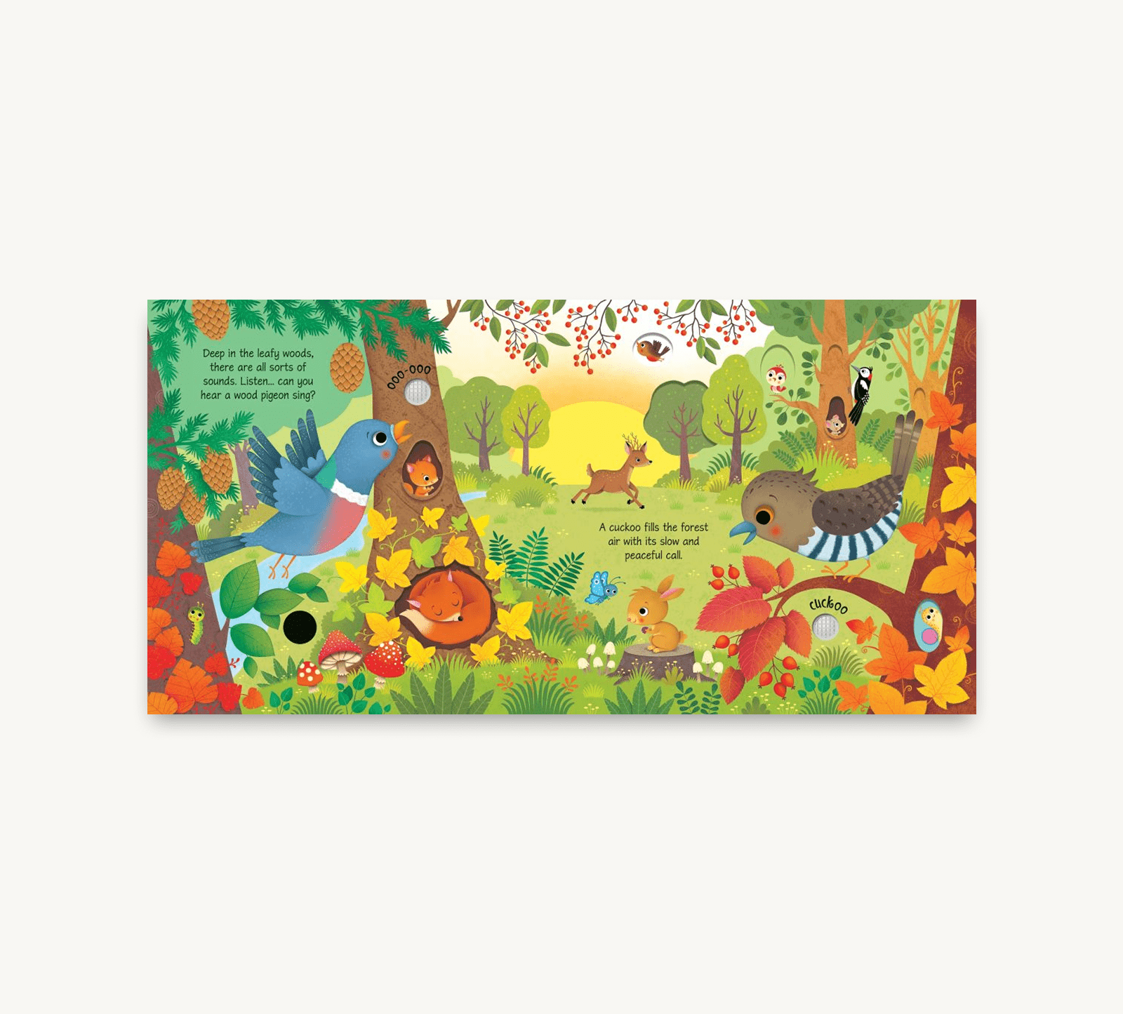 Colorful children's book page with forest animals and trees