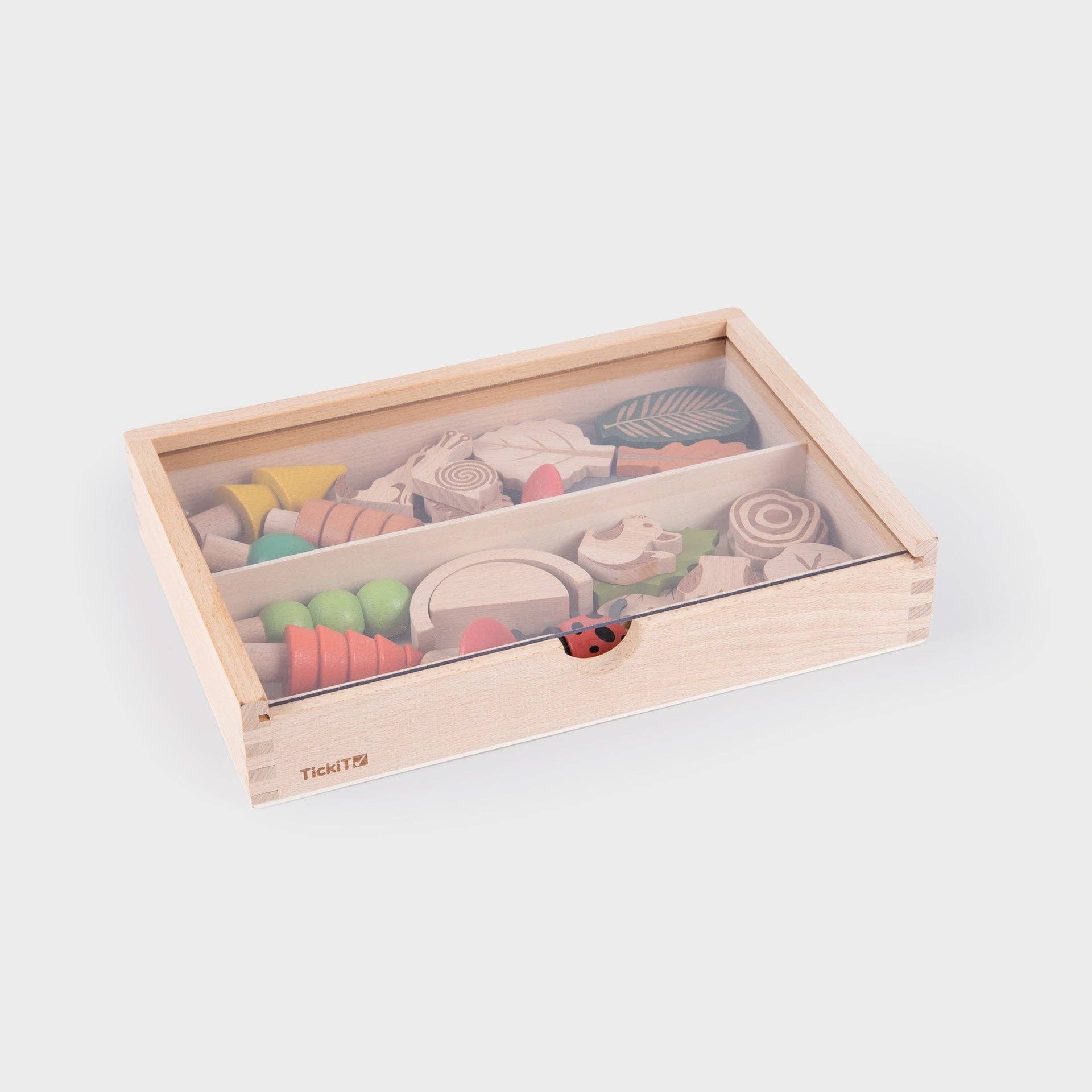 Wooden toy set with shapes and balls in a transparent box on a light gray background