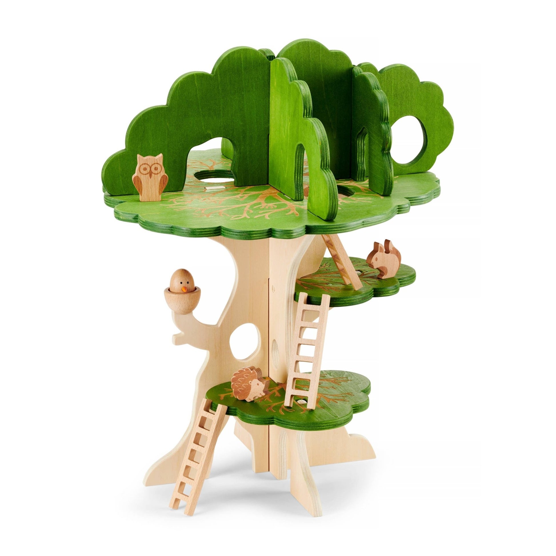 Wooden treehouse toy with green platform and wooden base on a white background