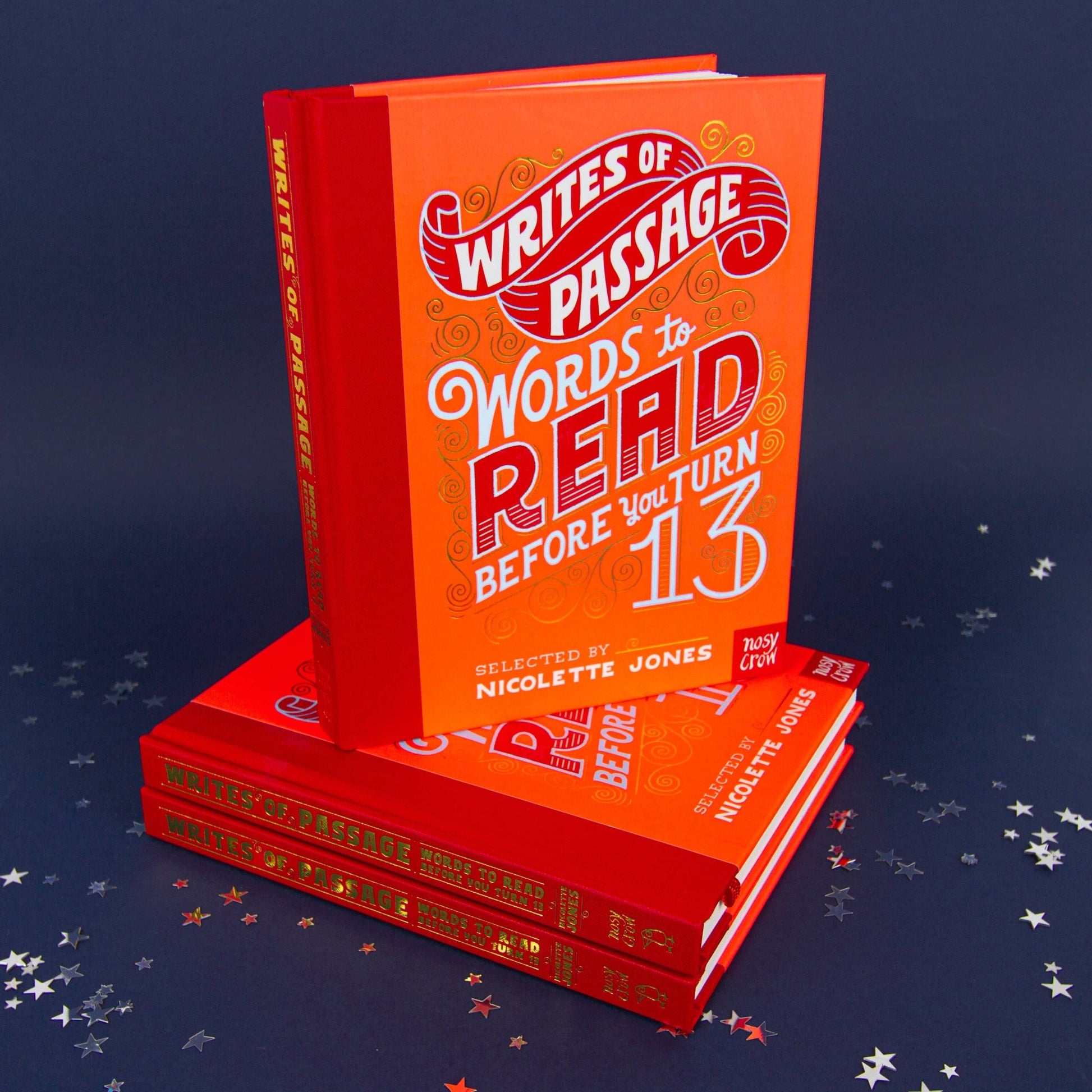 Stack of orange books titled 'Words to Read Before You Turn 13' on a dark blue background with star patterns.