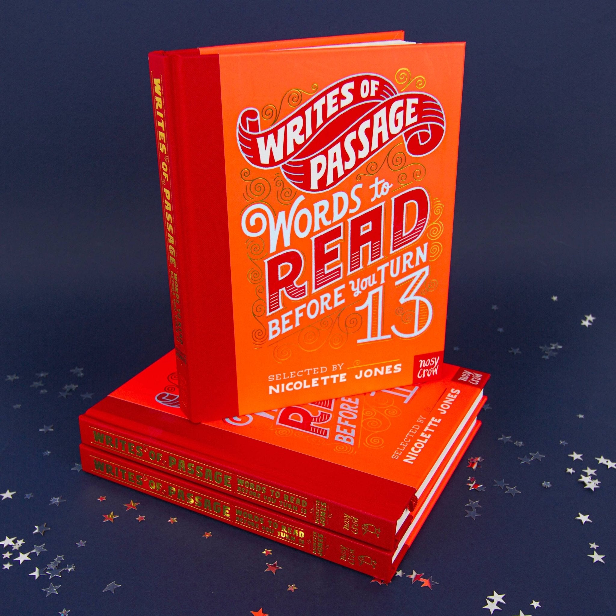Stack of orange books titled 'Words to Read Before You Turn 13' on a dark blue background with star patterns.